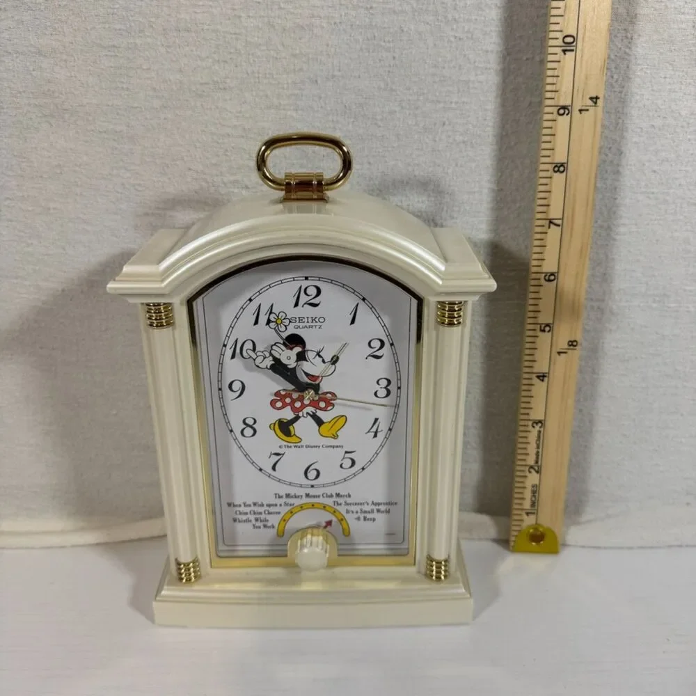 Vintage Seiko Quartz Disney Minnie Mouse Musical Alarm Clock Mantel White